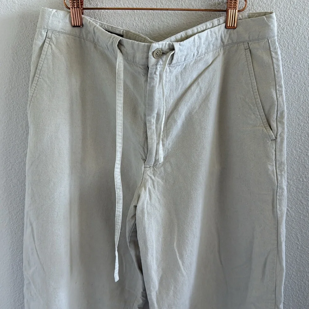 Reunion Linen Cotton Cream Pants Straight Leg Zipper + Drawstring Waist Large